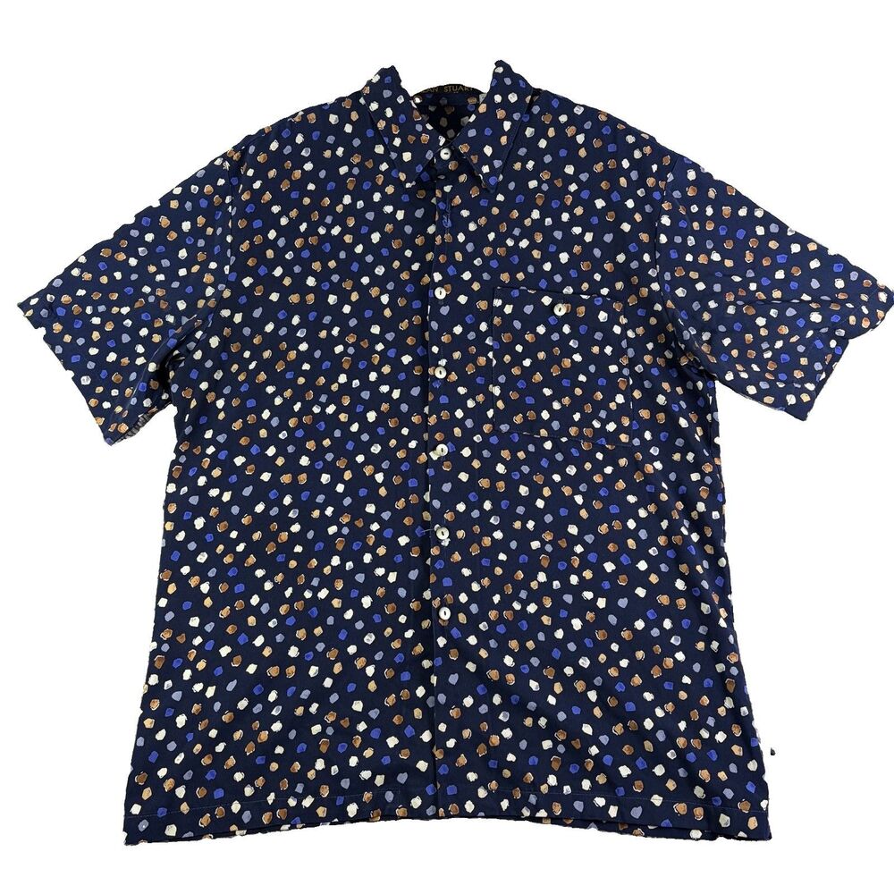Vintage Alan Stuart Button Up Shirt Mens Medium Navy Blue Geometric Print Y2K 90